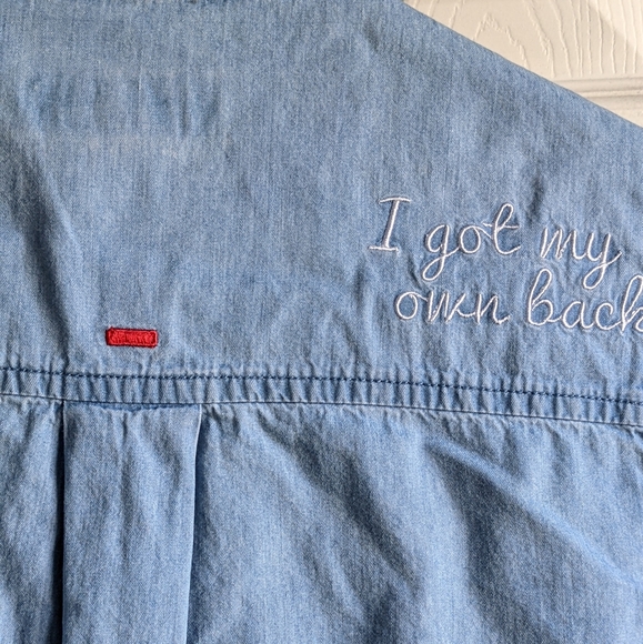 CASTRO JEANS🔥 Denim Chambray Western Button-up Top Embroidered Quotes 6 Euro 38 - Picture 6 of 8